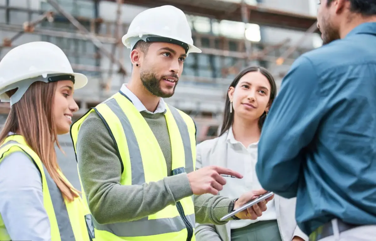 Construction workers in hard hats and hi-vis vests discussing plans on a tablet at a building site.