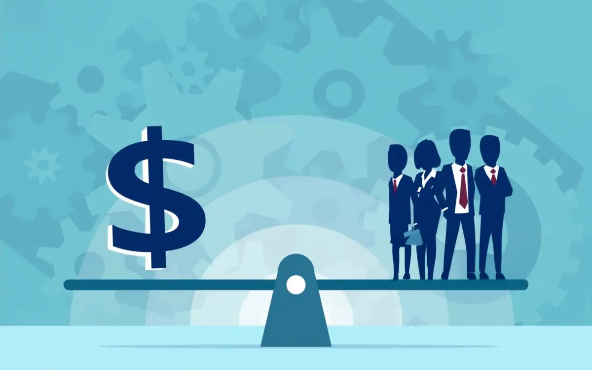 Illustration of a seesaw balancing a large dollar sign against a group of employees in business attire